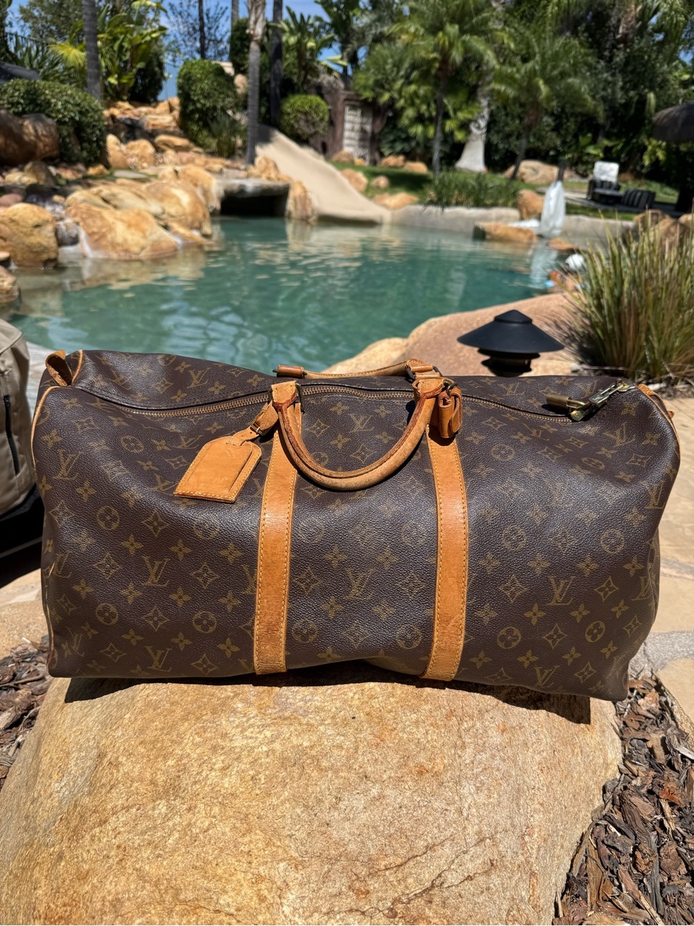 Authentic LOUIS VUITTON large duffel bag traveler tote w/ luggage tag lock